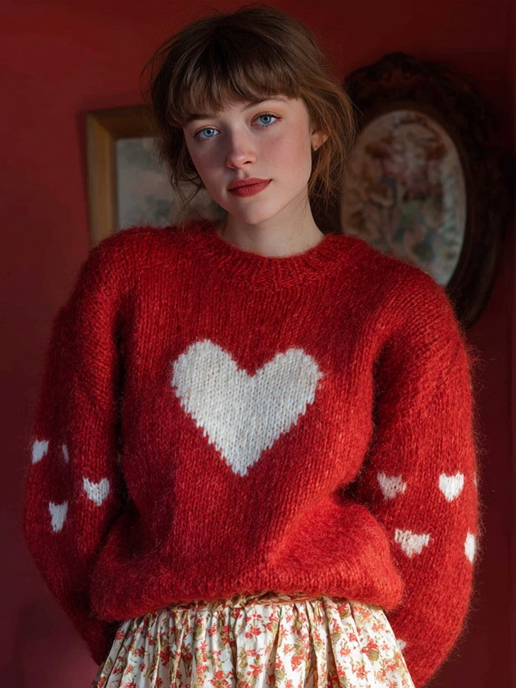 Vintage Valentine's Day Heart Pattern Cozy Knit Sweater