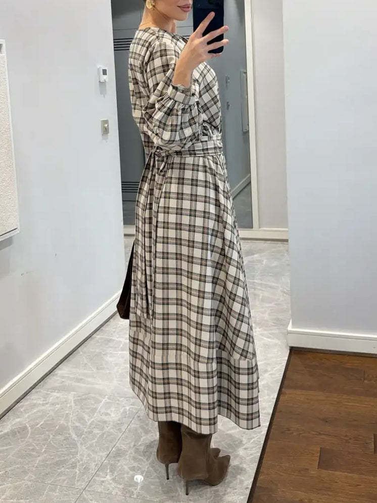 Plaid Patterned Belted Midi Dress