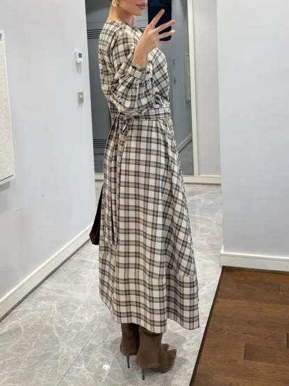 Plaid Patterned Belted Midi Dress