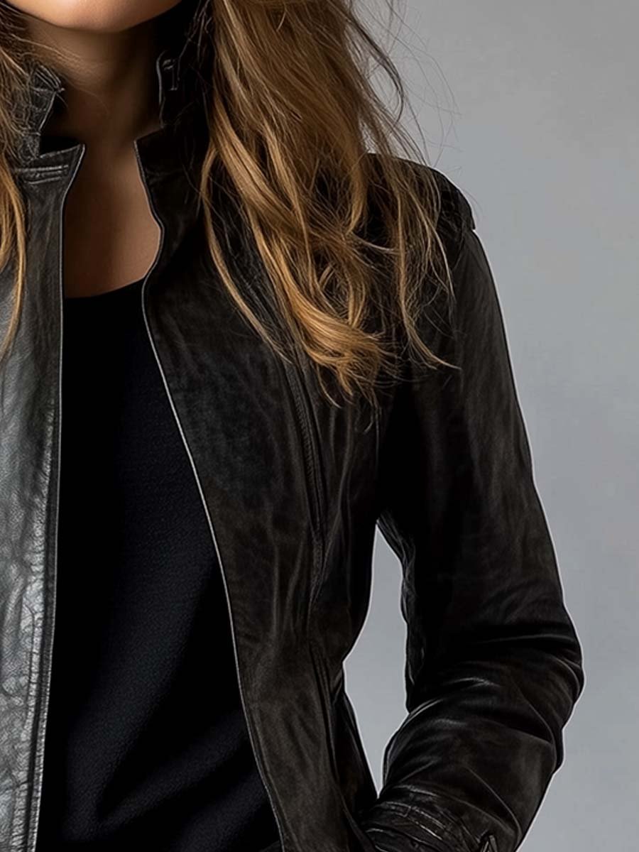 Women's Vintage Stand Collar Faux Leather Jacket