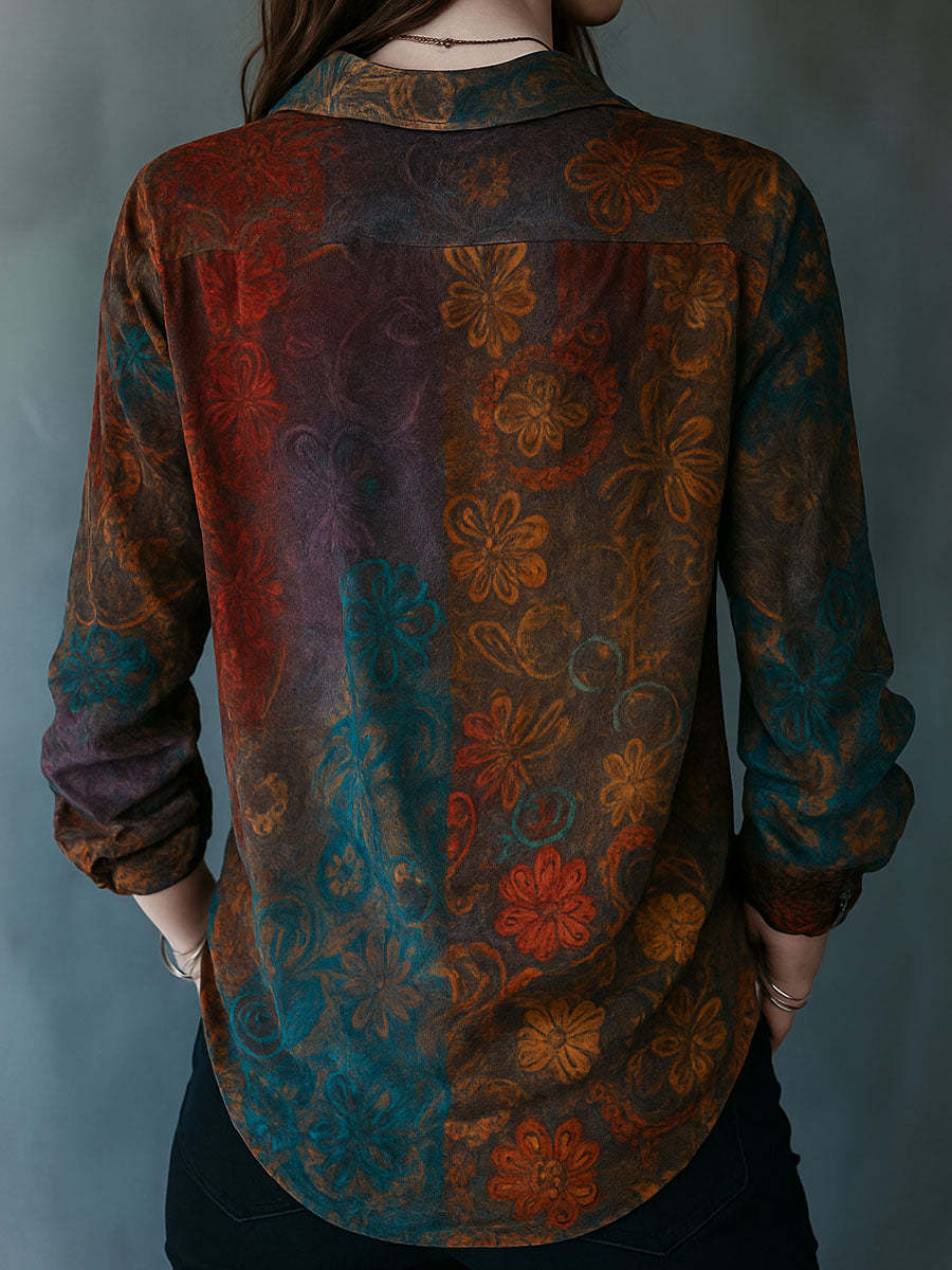 Boho Floral Print Velvet Long Sleeve Button Down Shirt