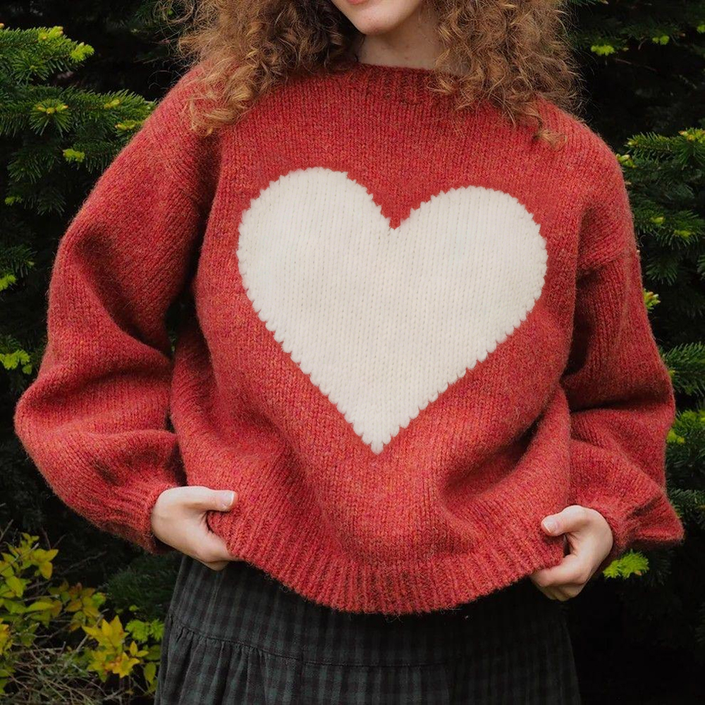 Retro Valentine's Day Heart Pattern Cozy Knit Sweater