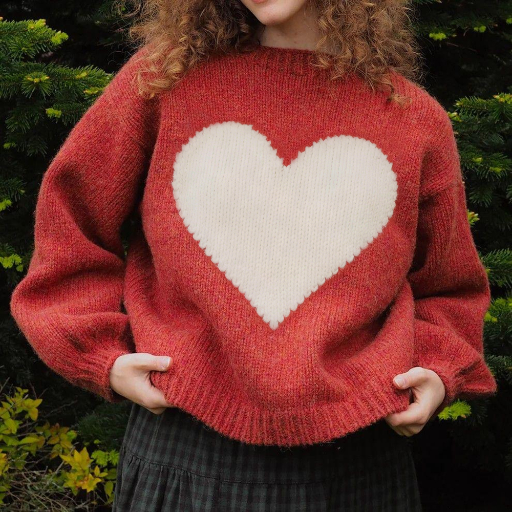 Retro Valentine's Day Heart Pattern Cozy Knit Sweater