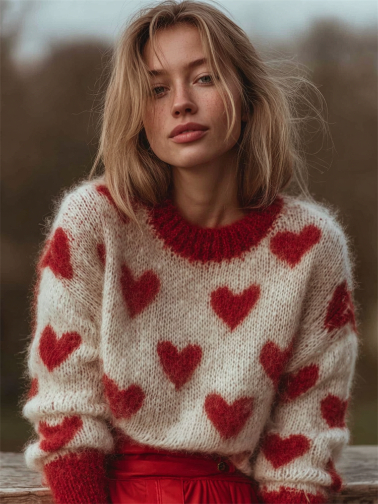Vintage Valentine's Day Hearts Pattern Cozy Knit Sweater