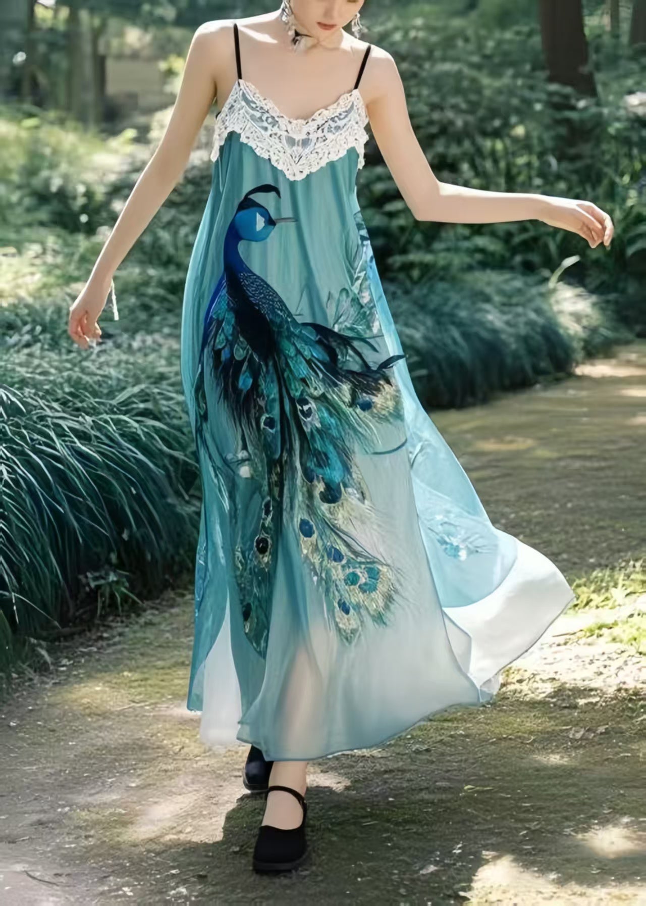 Beautiful Peacock Blue Print Chiffon Beach Dress Summer