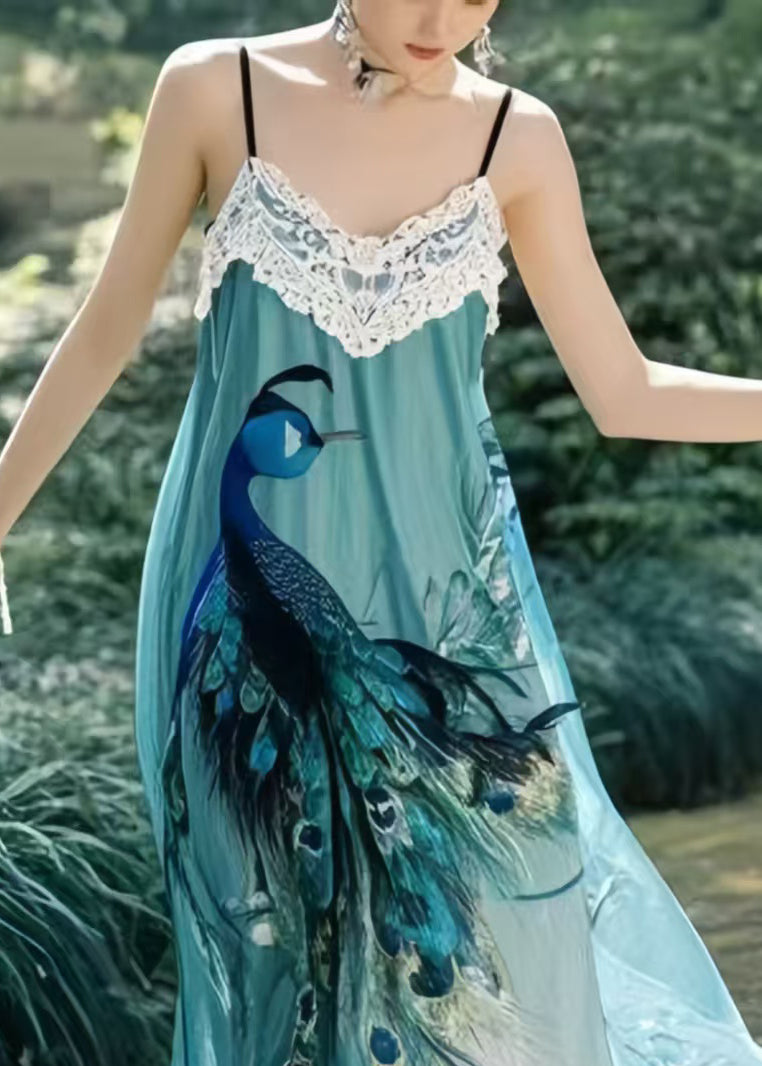 Beautiful Peacock Blue Print Chiffon Beach Dress Summer