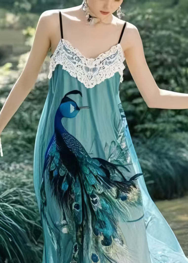 Beautiful Peacock Blue Print Chiffon Beach Dress Summer