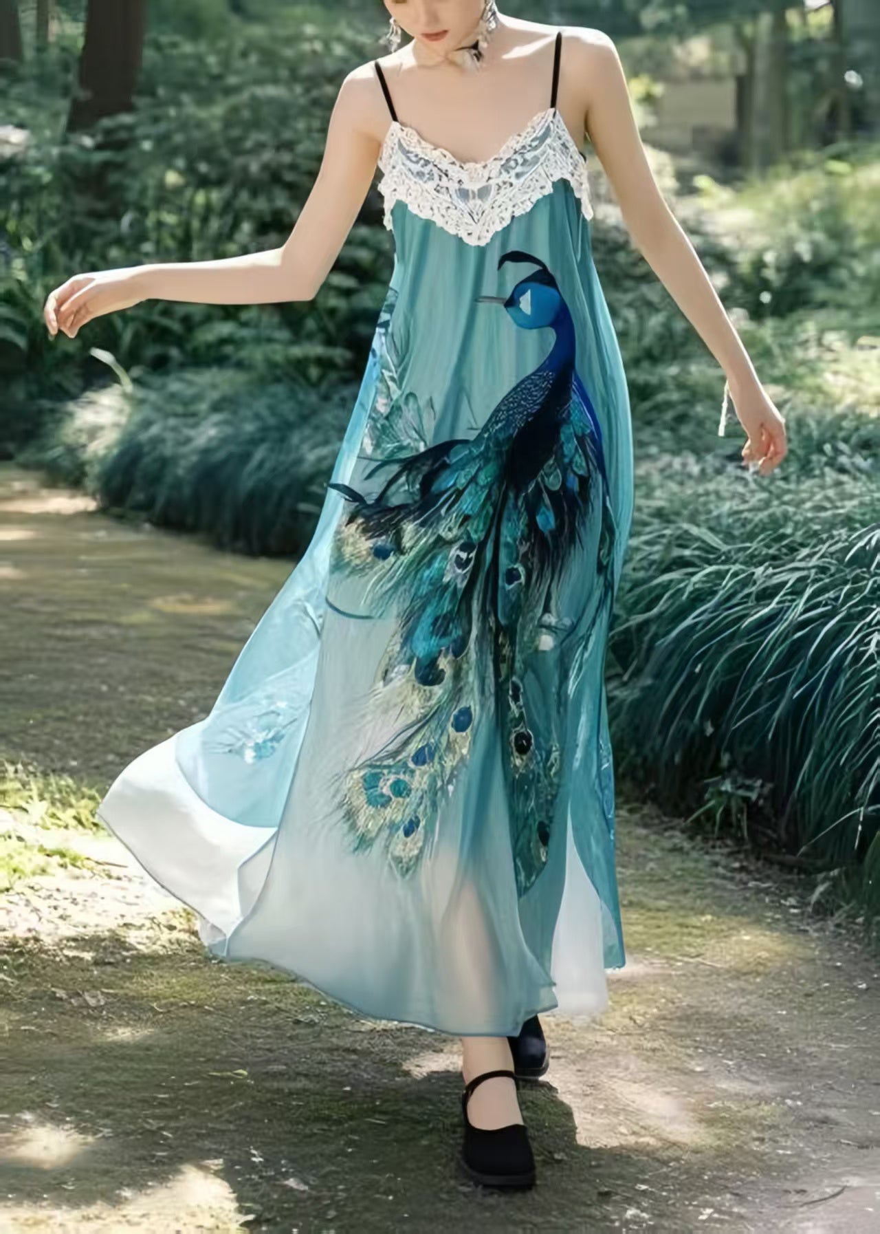 Beautiful Peacock Blue Print Chiffon Beach Dress Summer