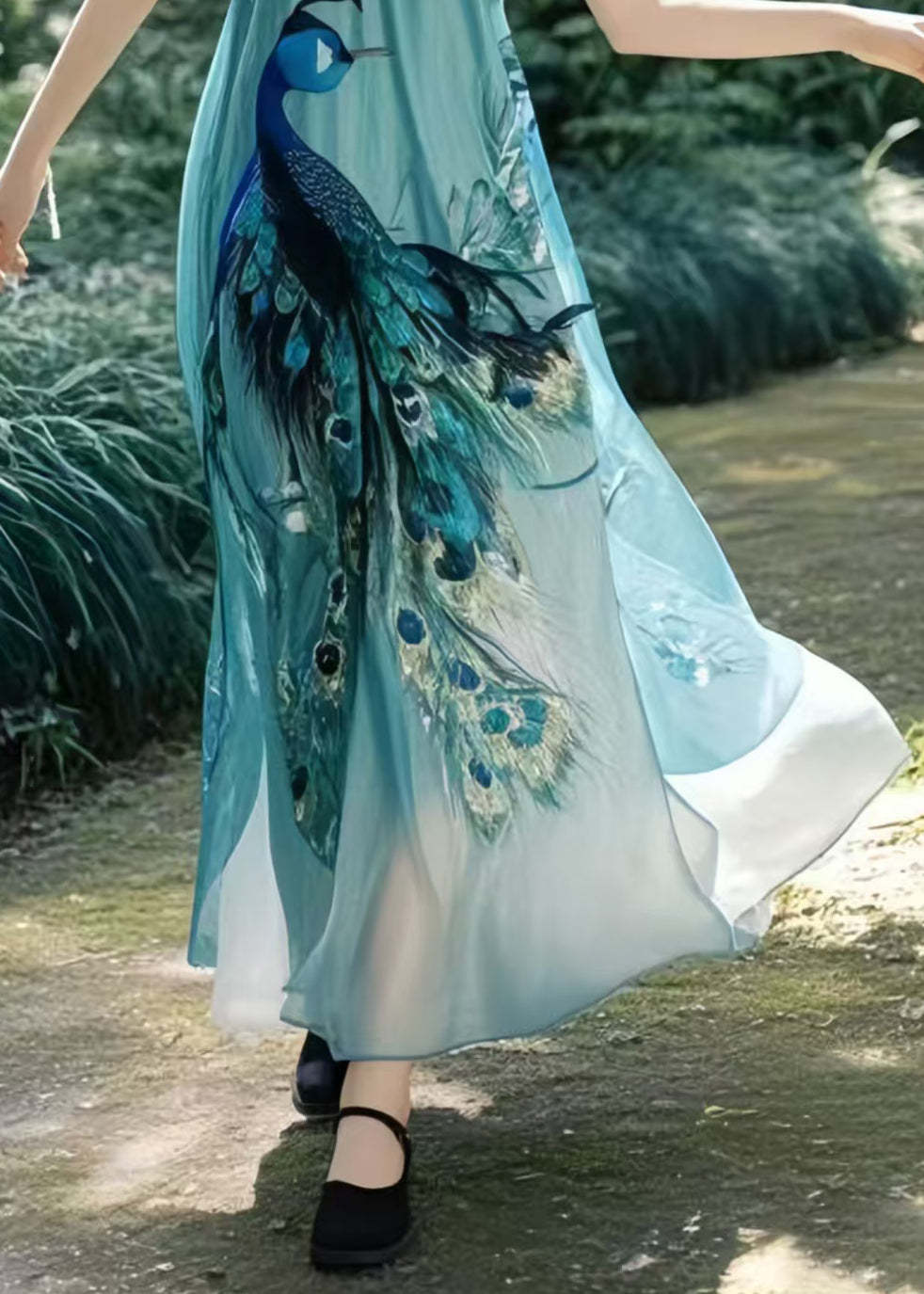 Beautiful Peacock Blue Print Chiffon Beach Dress Summer