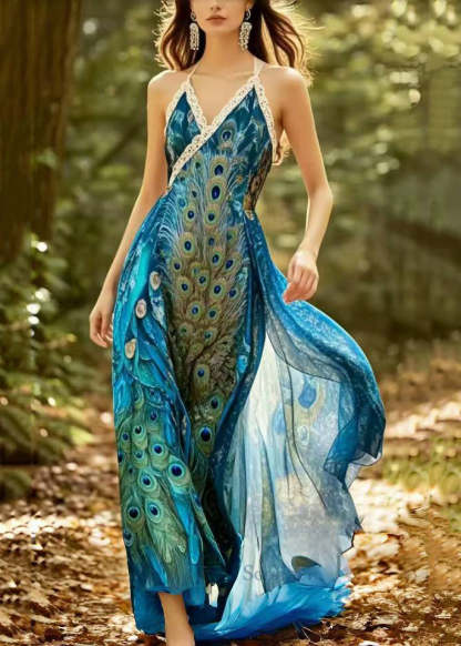 Beautiful Peacock Blue Print Chiffon Halter Dresses Summer