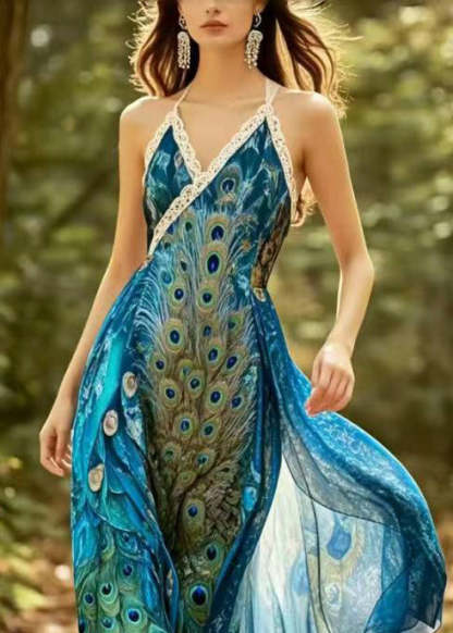 Beautiful Peacock Blue Print Chiffon Halter Dresses Summer