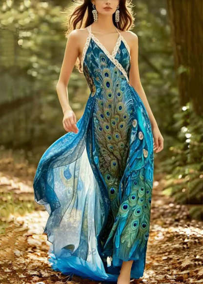 Beautiful Peacock Blue Print Chiffon Halter Dresses Summer