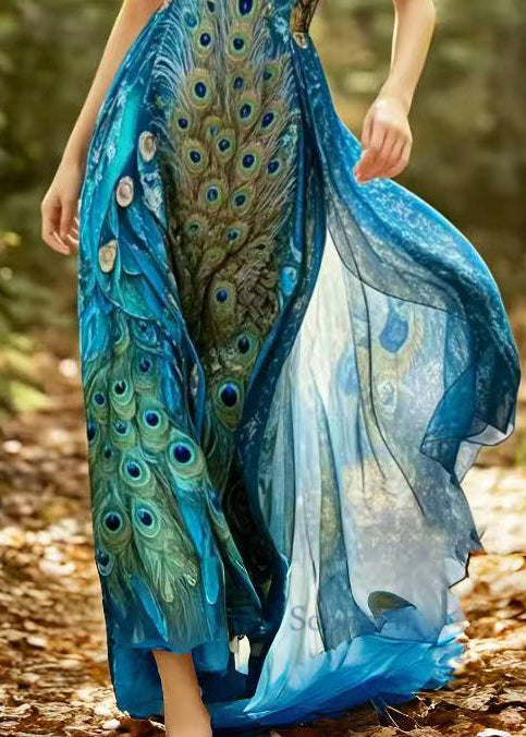Beautiful Peacock Blue Print Chiffon Halter Dresses Summer