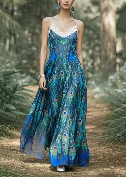 Beautiful Peacock Blue Print Exra Large Hem Chiffon Holiday Dress Summer