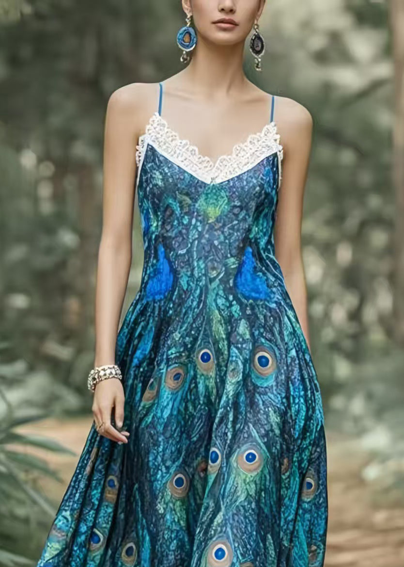 Beautiful Peacock Blue Print Exra Large Hem Chiffon Holiday Dress Summer