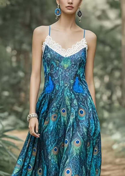 Beautiful Peacock Blue Print Exra Large Hem Chiffon Holiday Dress Summer