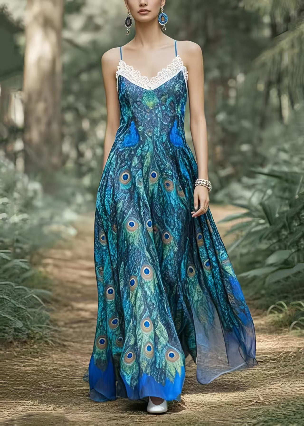 Beautiful Peacock Blue Print Exra Large Hem Chiffon Holiday Dress Summer