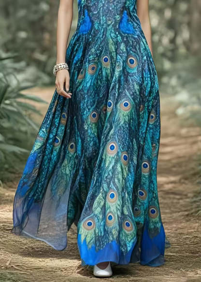 Beautiful Peacock Blue Print Exra Large Hem Chiffon Holiday Dress Summer