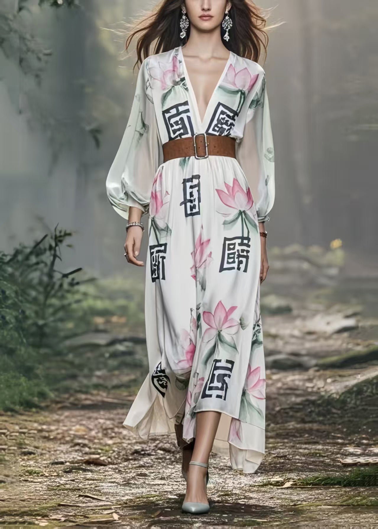 Beautiful White Lotus Print Silk Holiday Tunic Dress Spring