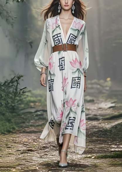 Beautiful White Lotus Print Silk Holiday Tunic Dress Spring