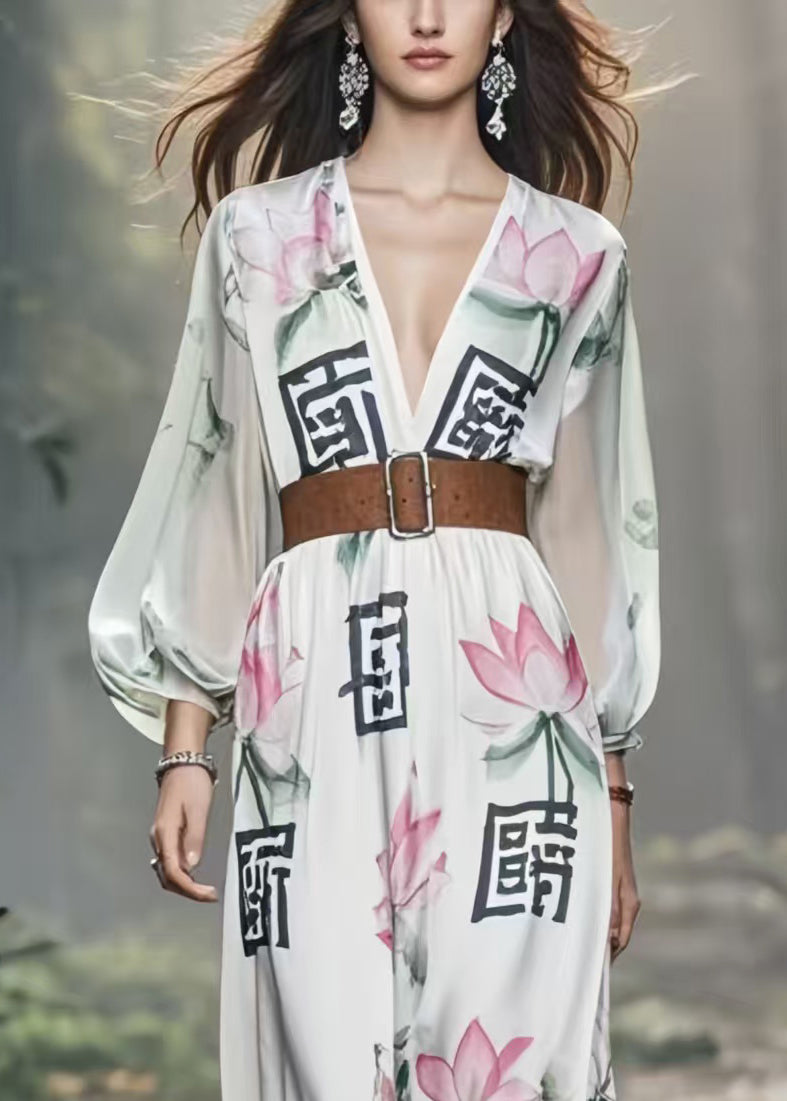 Beautiful White Lotus Print Silk Holiday Tunic Dress Spring