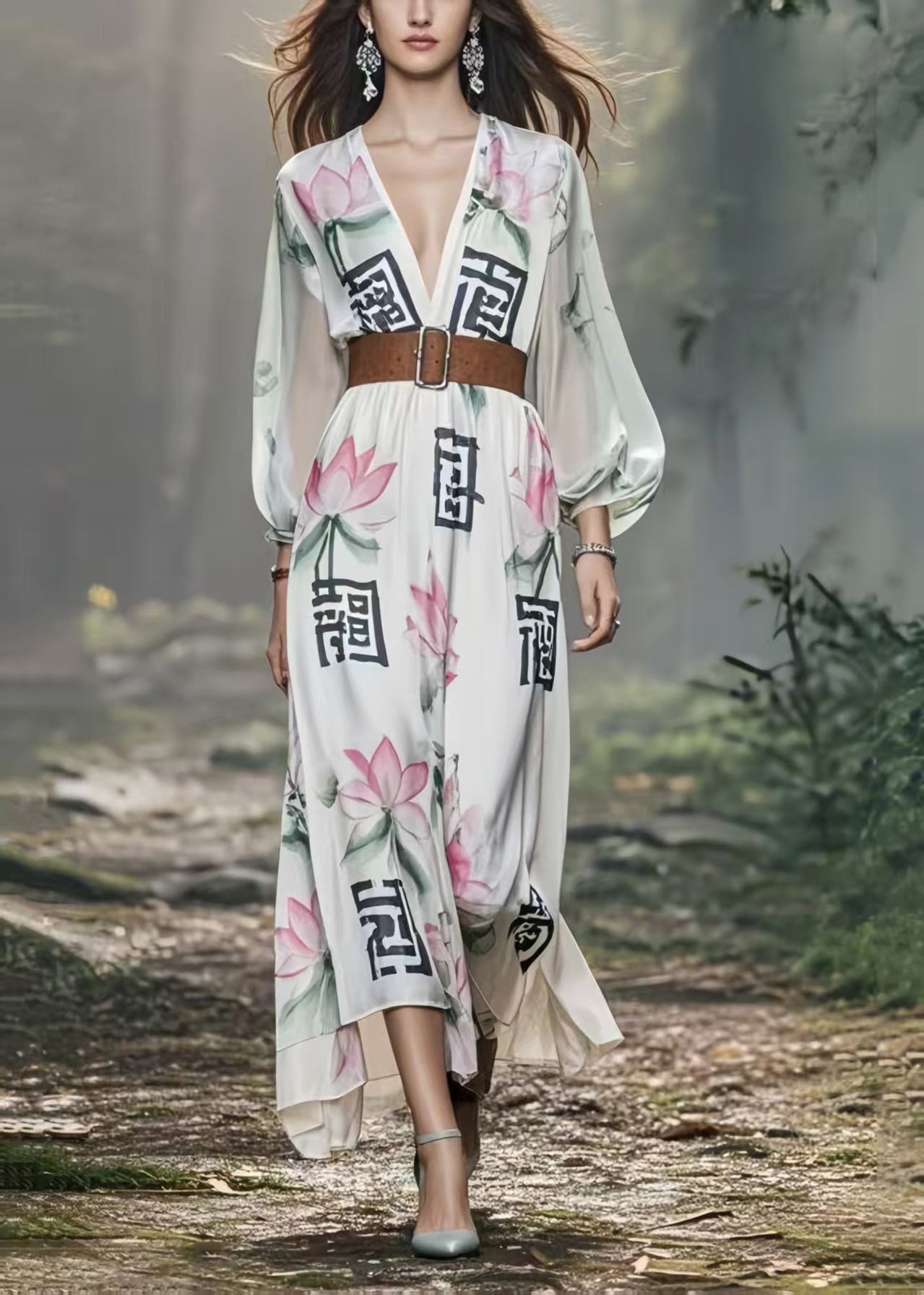 Beautiful White Lotus Print Silk Holiday Tunic Dress Spring