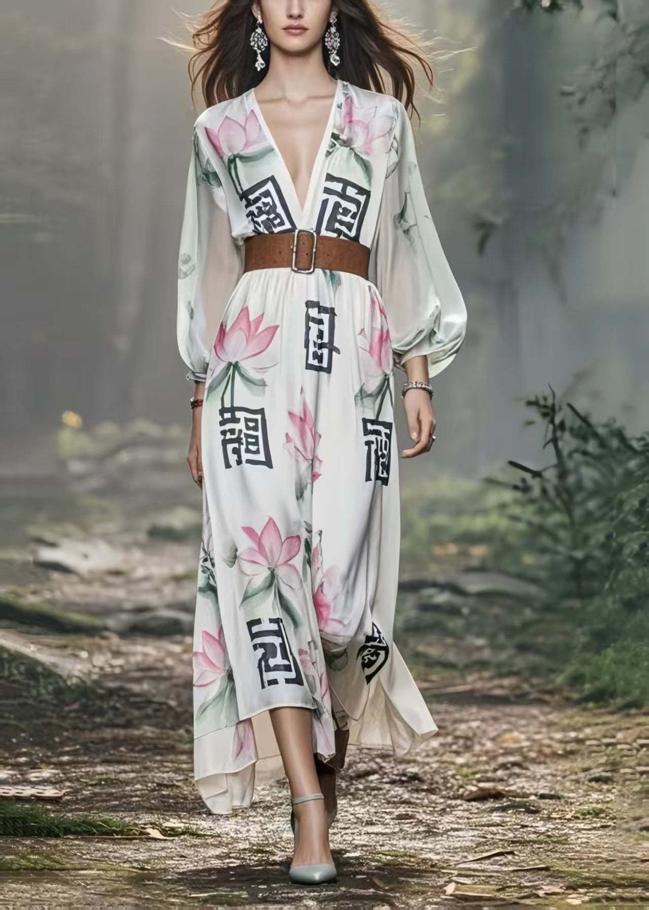 Beautiful White Lotus Print Silk Holiday Tunic Dress Spring