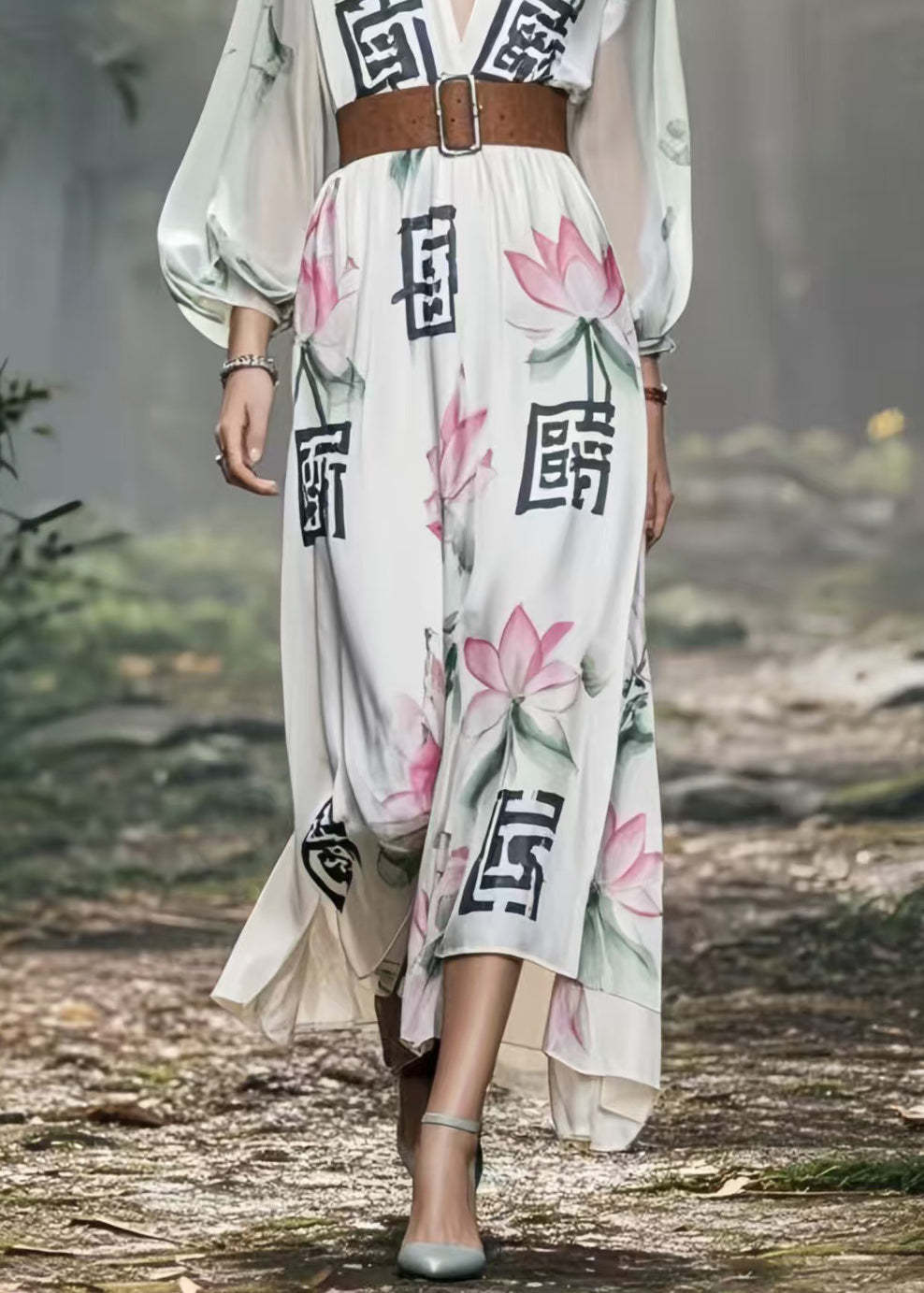 Beautiful White Lotus Print Silk Holiday Tunic Dress Spring