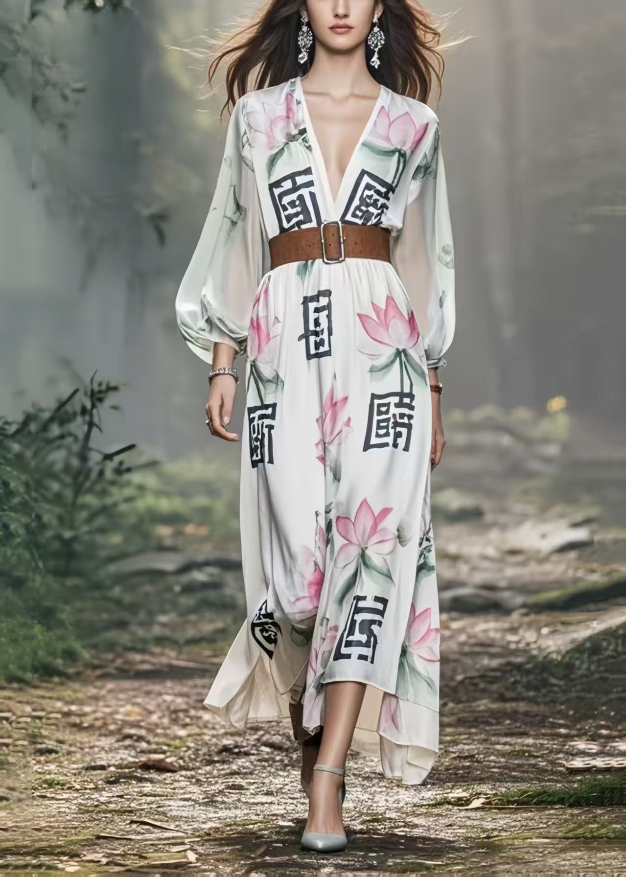 Beautiful White Lotus Print Silk Holiday Tunic Dress Spring