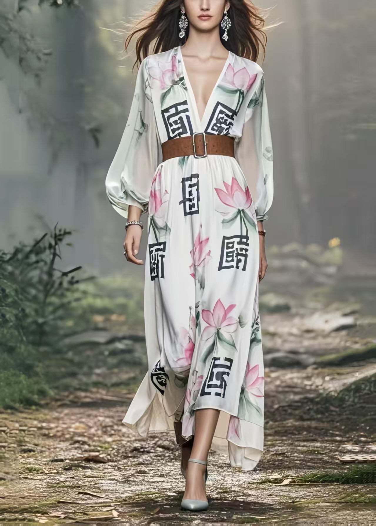 Beautiful White Lotus Print Silk Holiday Tunic Dress Spring