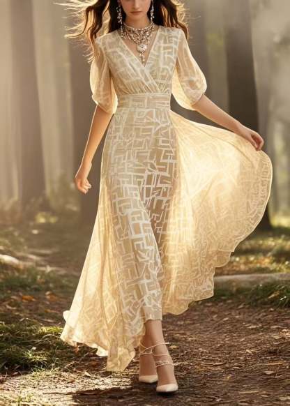 Beautiful Yellow Print Exra Large Hem Chiffon Maxi Dresses Summer