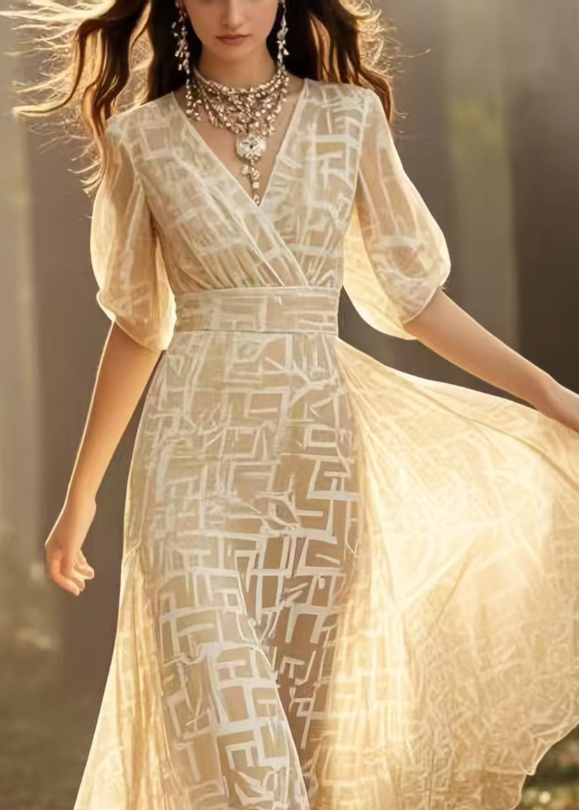 Beautiful Yellow Print Exra Large Hem Chiffon Maxi Dresses Summer