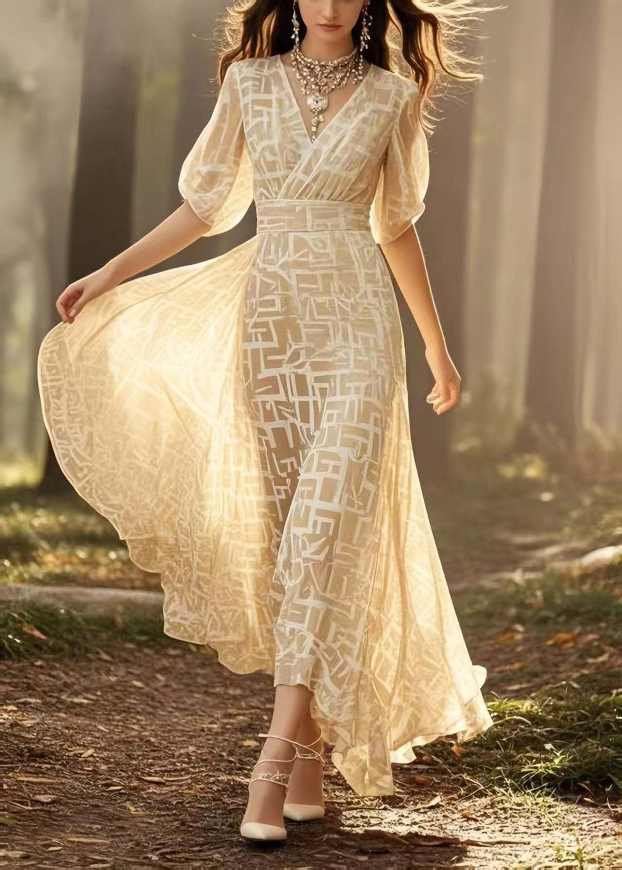 Beautiful Yellow Print Exra Large Hem Chiffon Maxi Dresses Summer