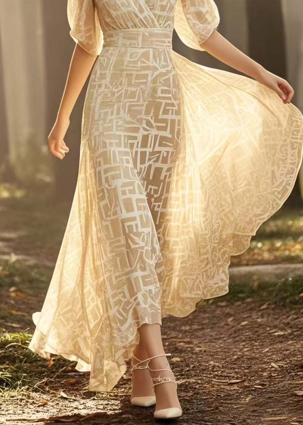 Beautiful Yellow Print Exra Large Hem Chiffon Maxi Dresses Summer