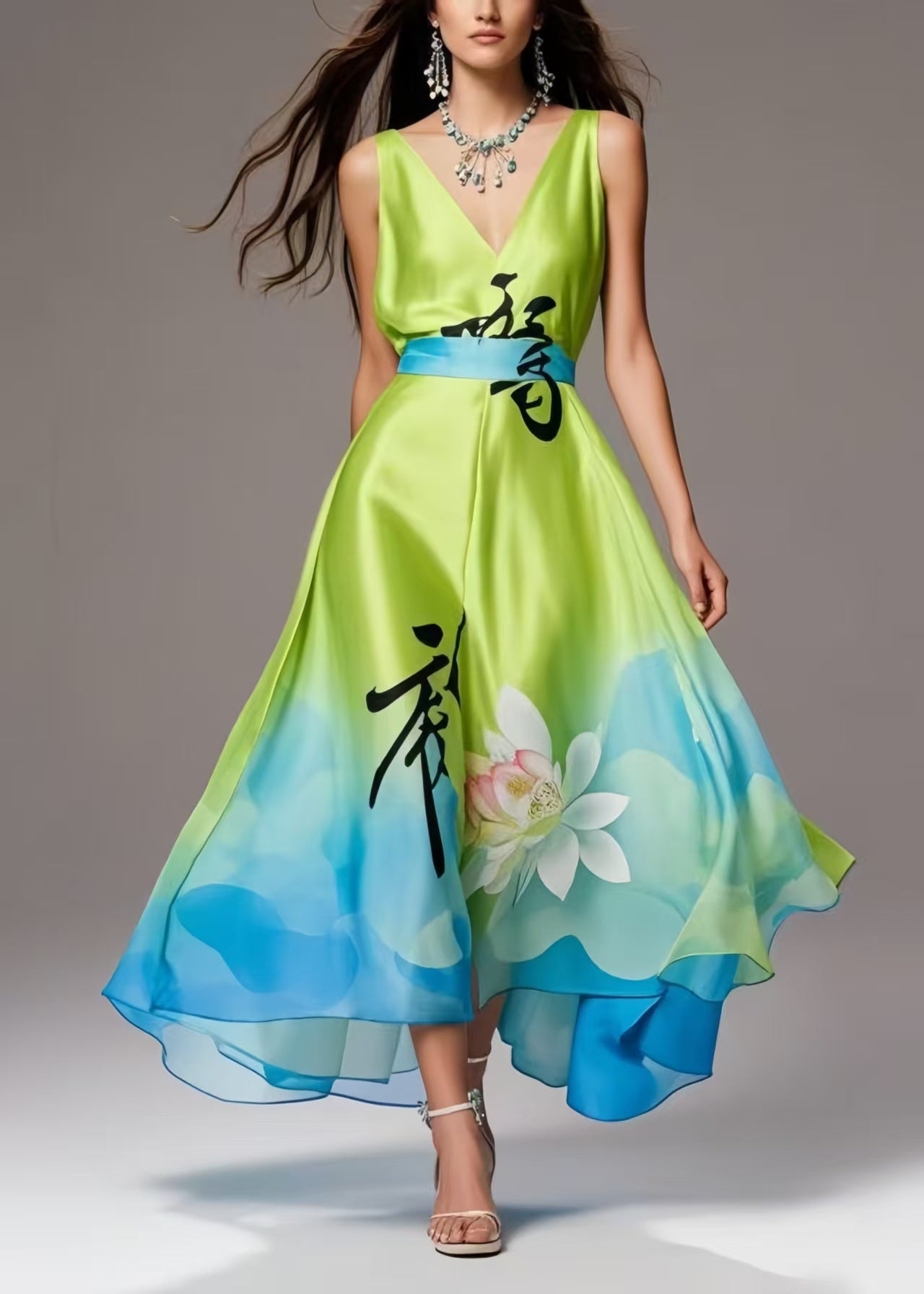 Bohemian Grass Green Print Exra Large Hem Silk Party Dress Summer