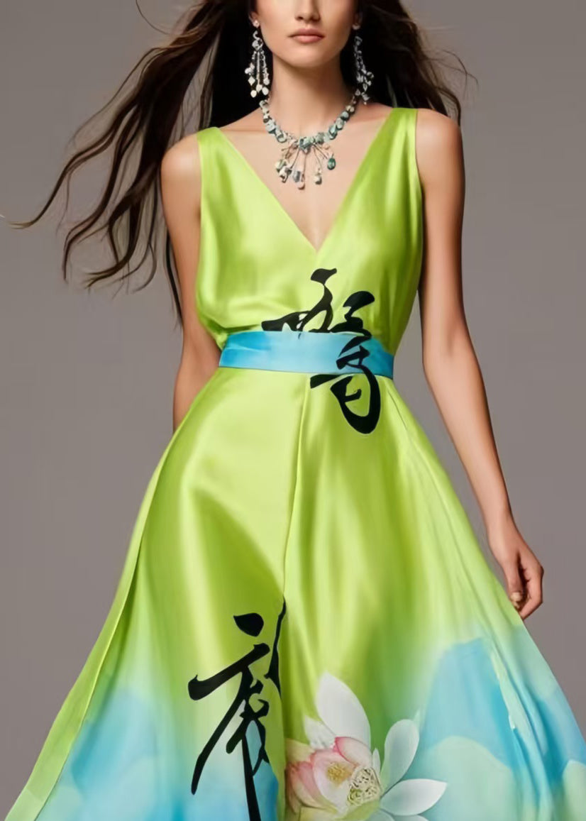 Bohemian Grass Green Print Exra Large Hem Silk Party Dress Summer