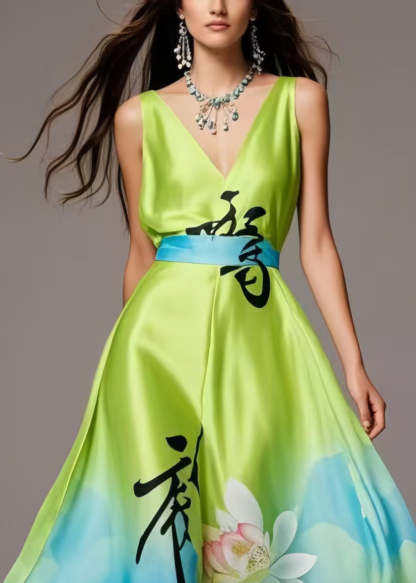Bohemian Grass Green Print Exra Large Hem Silk Party Dress Summer