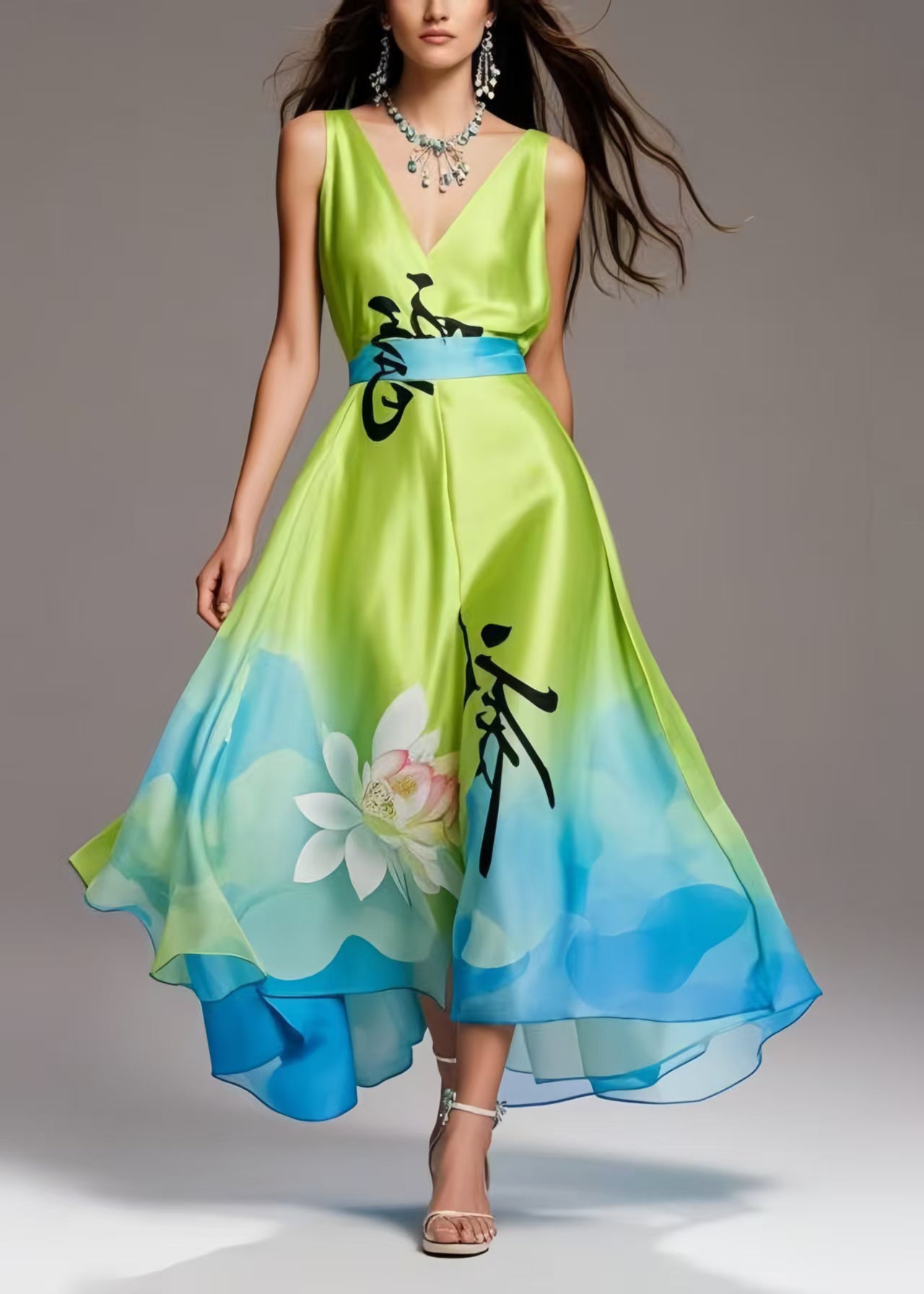 Bohemian Grass Green Print Exra Large Hem Silk Party Dress Summer