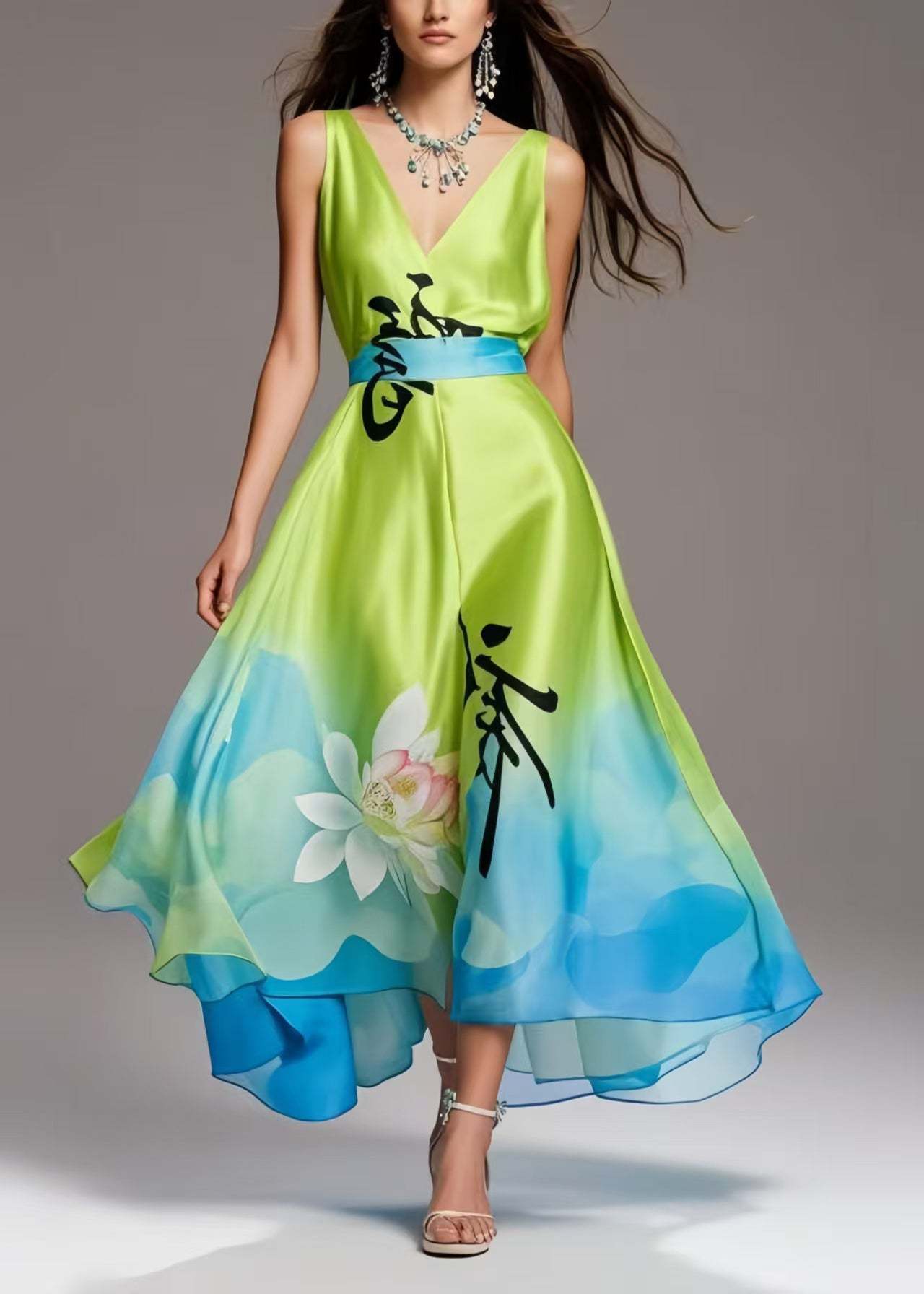 Bohemian Grass Green Print Exra Large Hem Silk Party Dress Summer