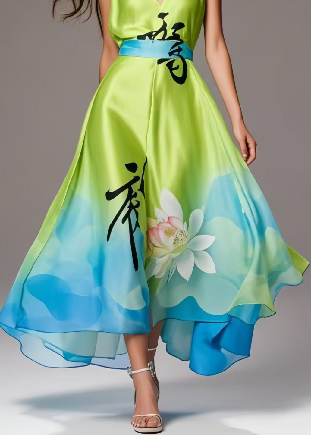 Bohemian Grass Green Print Exra Large Hem Silk Party Dress Summer