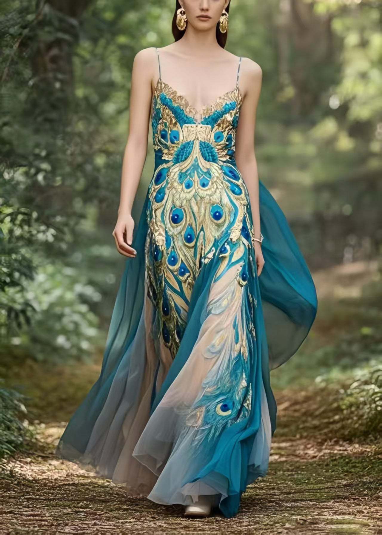 Bohemian Peacock Blue Print Exra Large Hem Chiffon Holiday Dress Summer