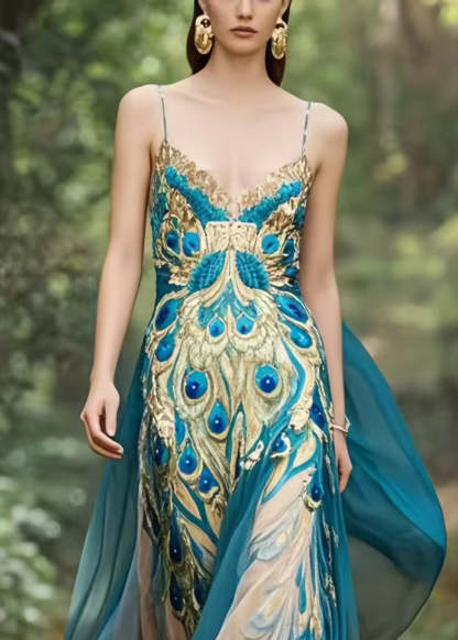 Bohemian Peacock Blue Print Exra Large Hem Chiffon Holiday Dress Summer