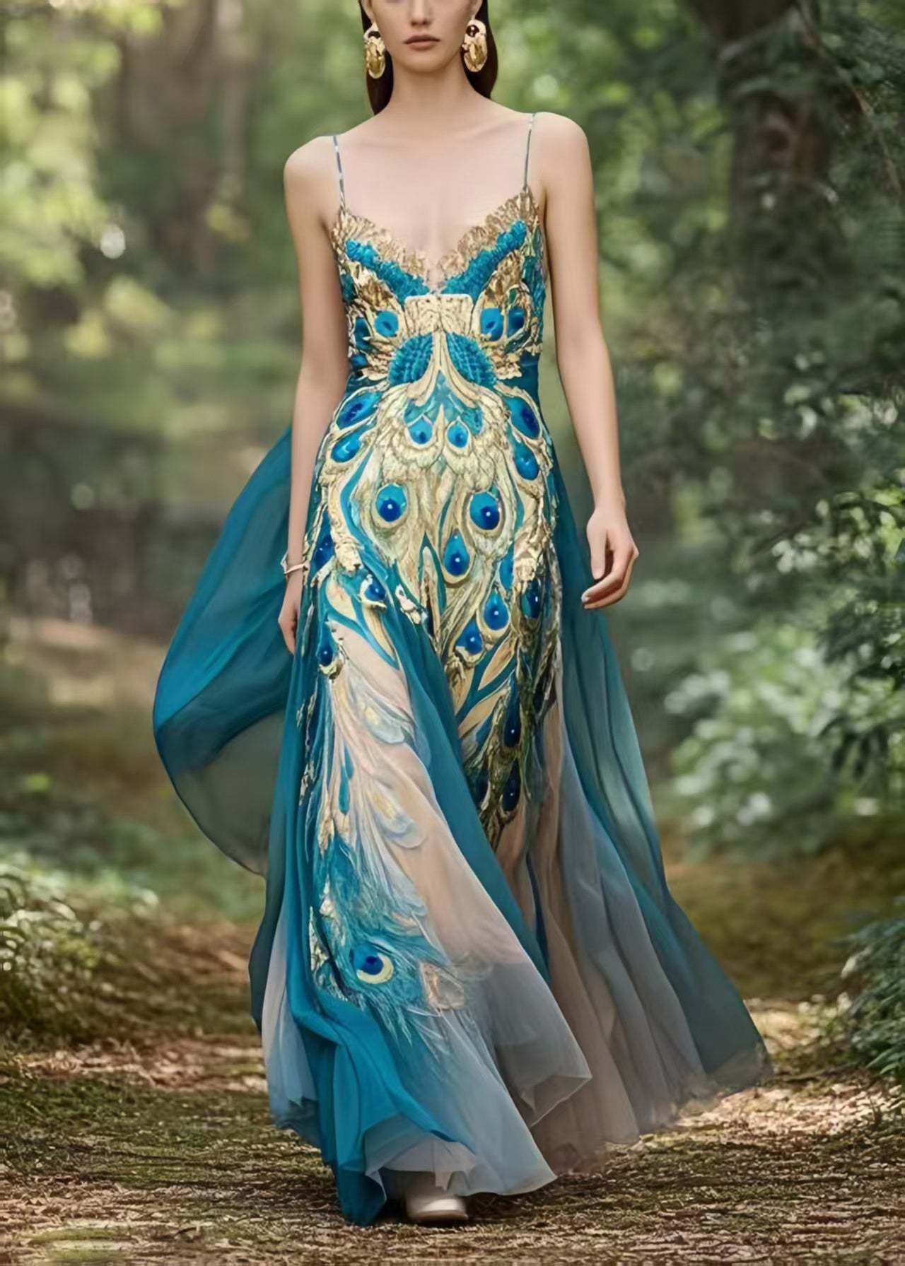 Bohemian Peacock Blue Print Exra Large Hem Chiffon Holiday Dress Summer