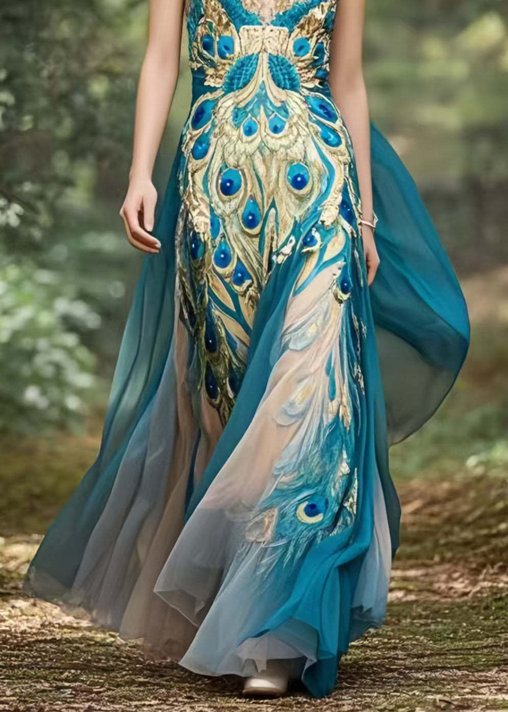 Bohemian Peacock Blue Print Exra Large Hem Chiffon Holiday Dress Summer