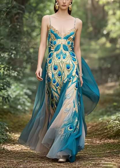 Bohemian Peacock Blue Print Exra Large Hem Chiffon Holiday Dress Summer