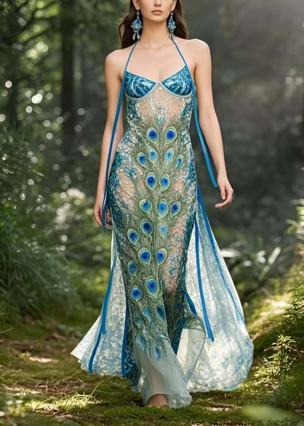 Bohemian Peacock Blue Print Hollow Out Chiffon Holiday Sundress