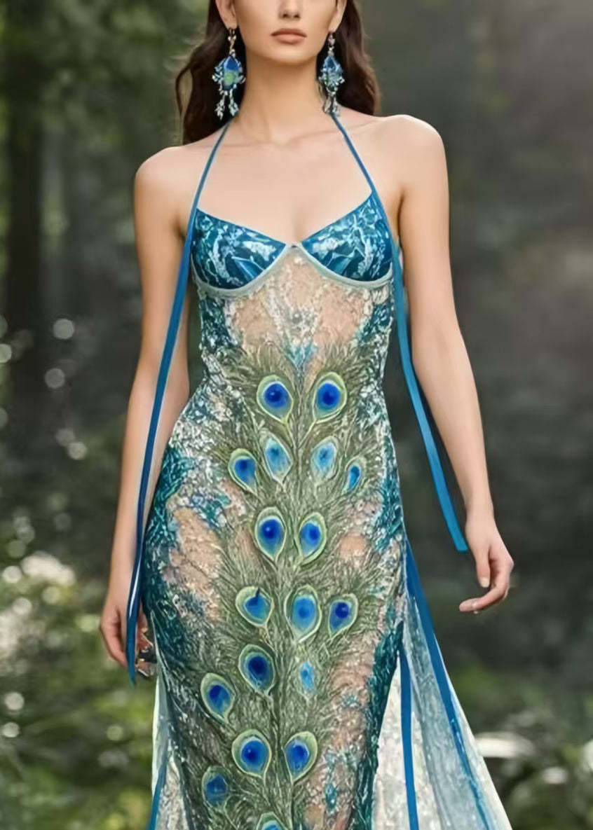 Bohemian Peacock Blue Print Hollow Out Chiffon Holiday Sundress
