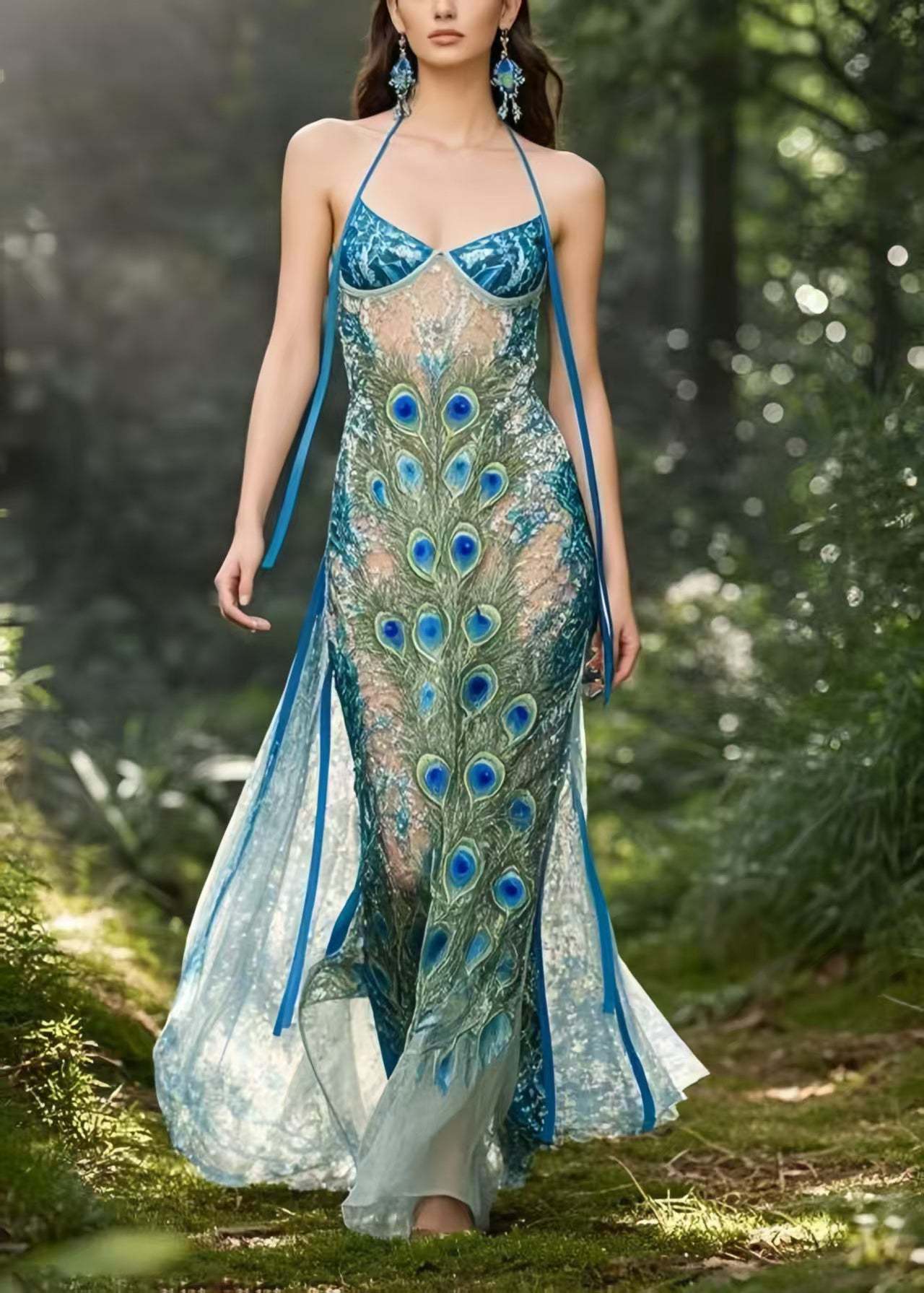 Bohemian Peacock Blue Print Hollow Out Chiffon Holiday Sundress