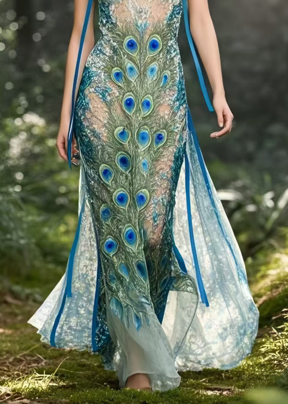 Bohemian Peacock Blue Print Hollow Out Chiffon Holiday Sundress