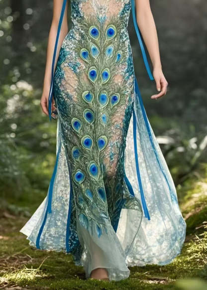 Bohemian Peacock Blue Print Hollow Out Chiffon Holiday Sundress